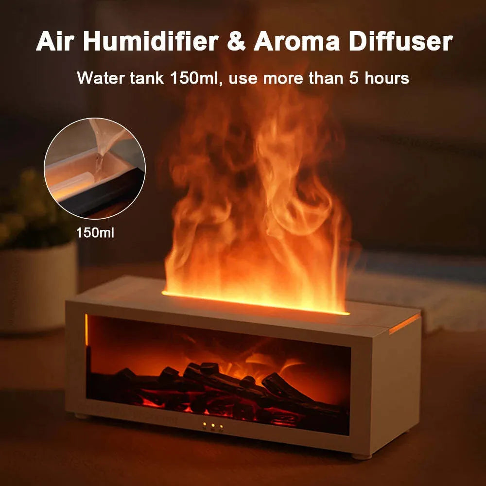 Square desktop aromatherapy diffuser emitting mist with a colourful 3D flame effect and mood lights at the base.