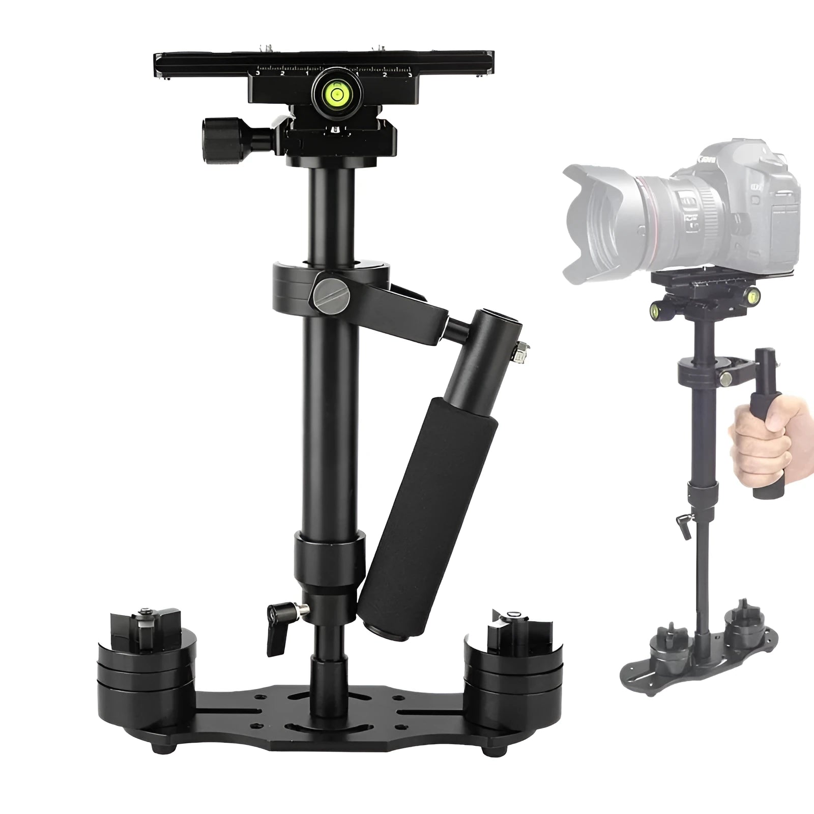 Black S40 and S60 handheld camera stabilisers with adjustable height mechanism