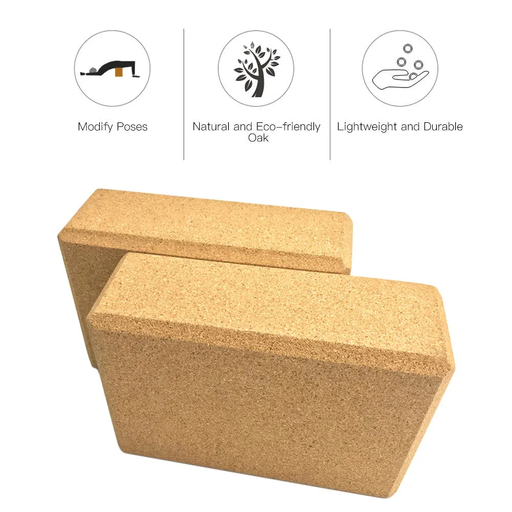 Yellow cork yoga brick with beveled edges and nonslip surface, size 24x16x8.5cm, on a plain background