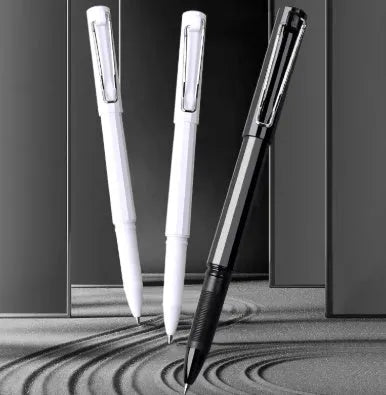 Three black decompression elastic pens with 0.7mm bullet tips and cap closure on a light background