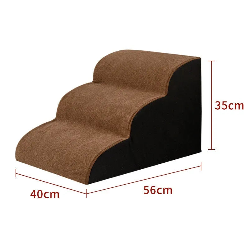 Brown wooden pet stairs with removable fabric steps helping a small dog reach a sofa