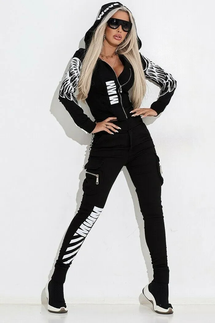 Black women's casual suit with wings printing, featuring zip-up hooded top and matching trousers
