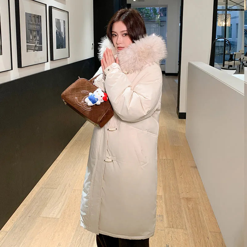 Women's Korean style loose thick polyester coat with Chinese knot buttons and fur collar in beige, black, gray