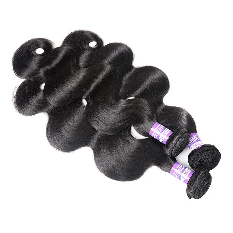 Brazilian human hair bundles with closure: 4 straight bundles in 10, 12, 14, 16 inches natural black