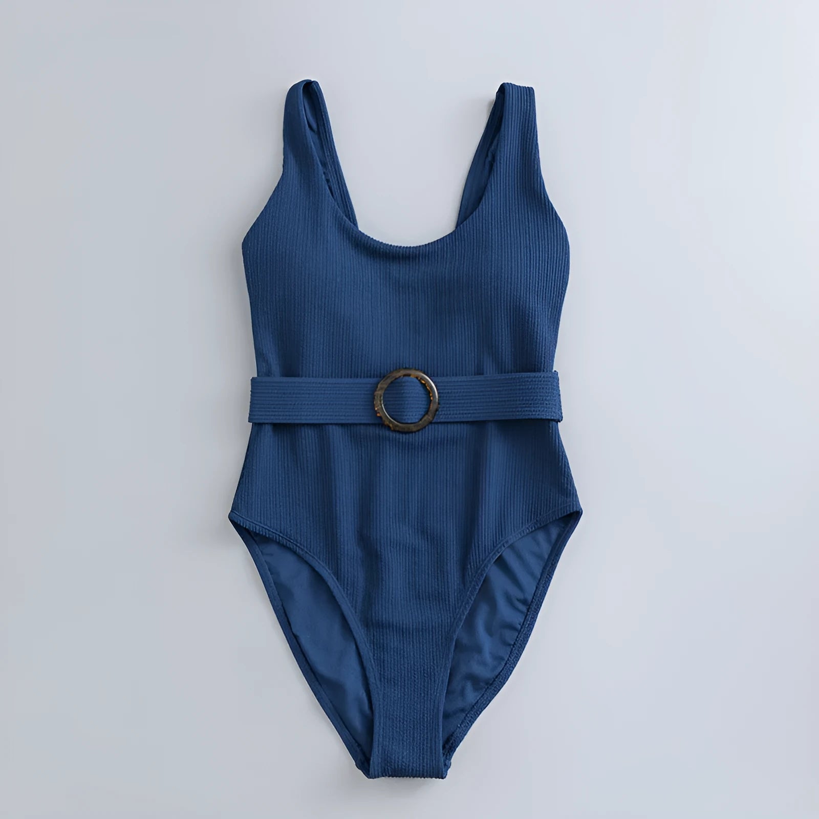Navy blue women's one-piece sleeveless swimsuit with triangle neckline and slim-fit design.
