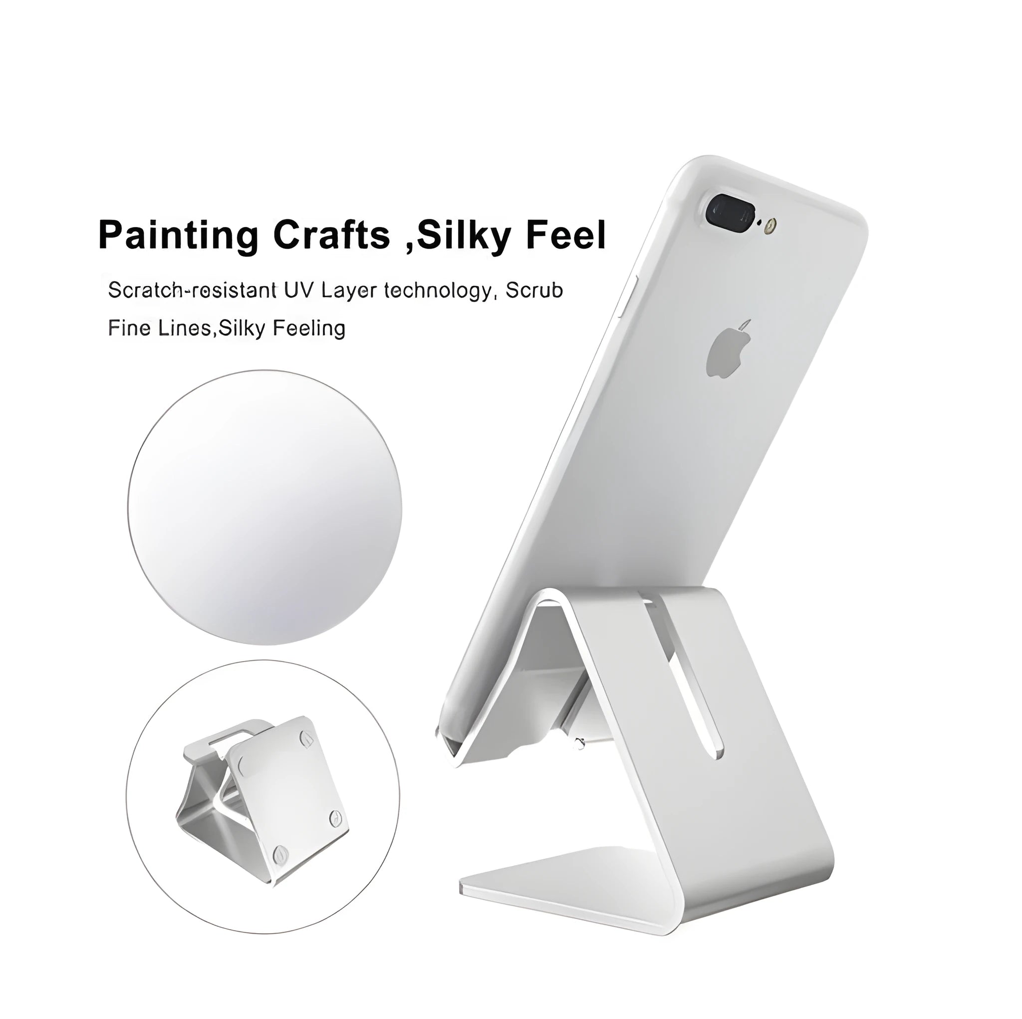Aluminium alloy foldable tablet stand in gold holding a smartphone on a desk