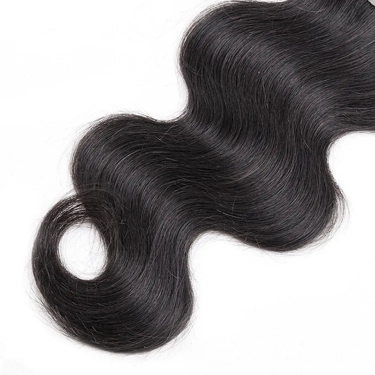 Brazilian human hair bundles with closure: 4 straight bundles in 10, 12, 14, 16 inches natural black