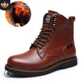Men's black leather Martin boots with embossed cow split leather, mid-calf, front strap, thick heel, waterproof platform