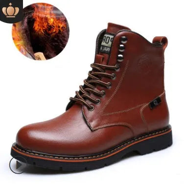 Men's black leather Martin boots with embossed cow split leather, mid-calf, front strap, thick heel, waterproof platform