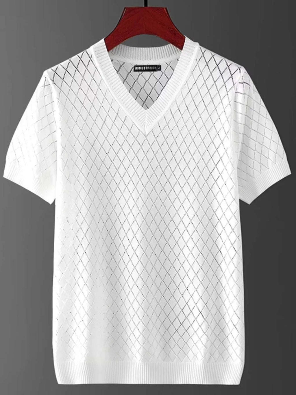 Men's black and white ice silk short sleeve t-shirt showing V-neck and round neck styles.