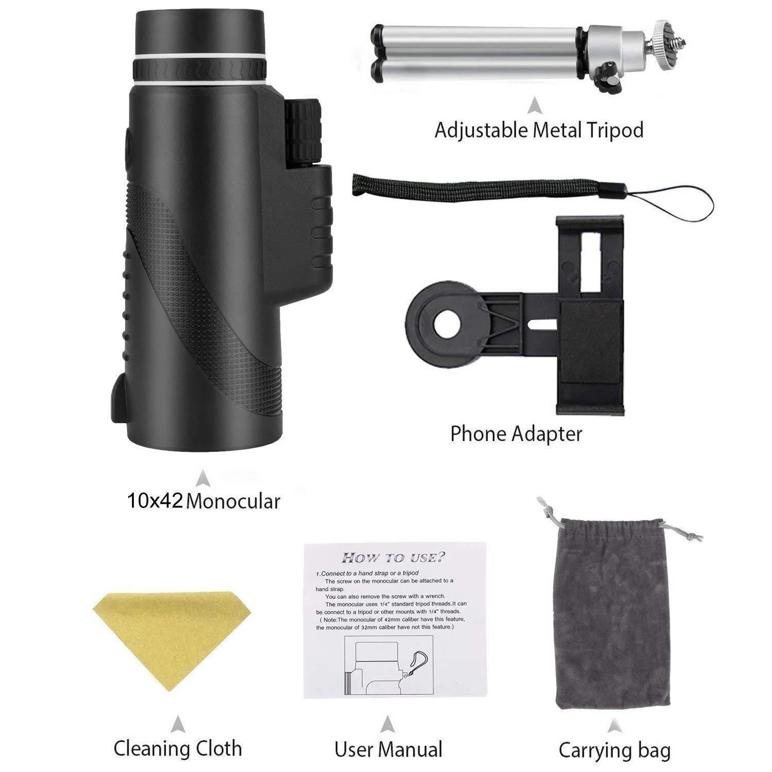 Black HD 40x60 smartphone telescope monocular with tripod adapter for outdoor observation