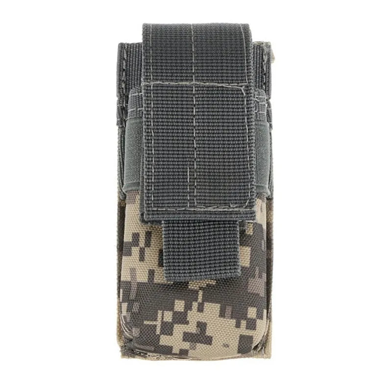 Black MOLLE tactical waist pouch for flashlight and pistol cartridges on a belt
