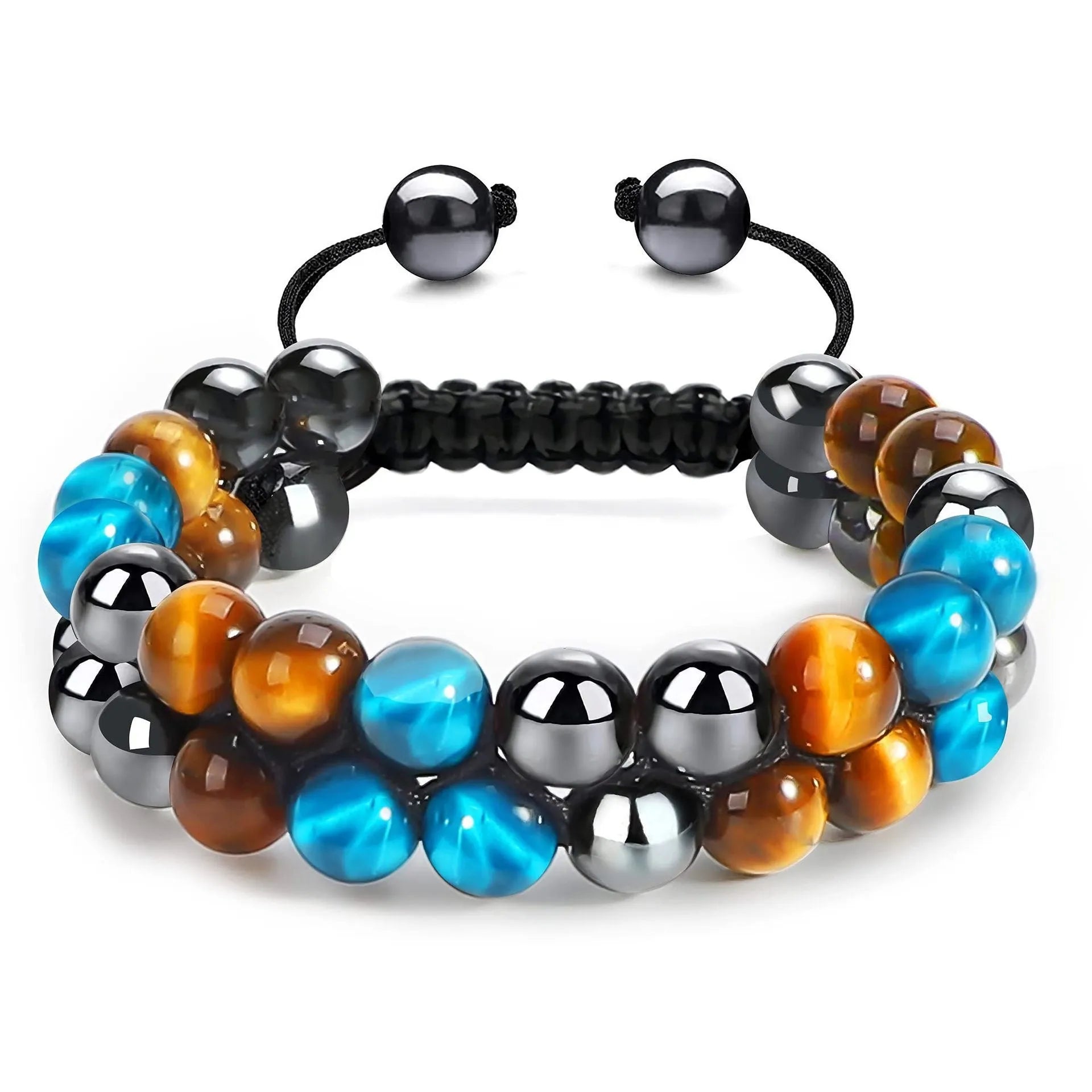A unisex Tiger's Eye gemstone bead bracelet with alloy details and auspicious elephant charms.