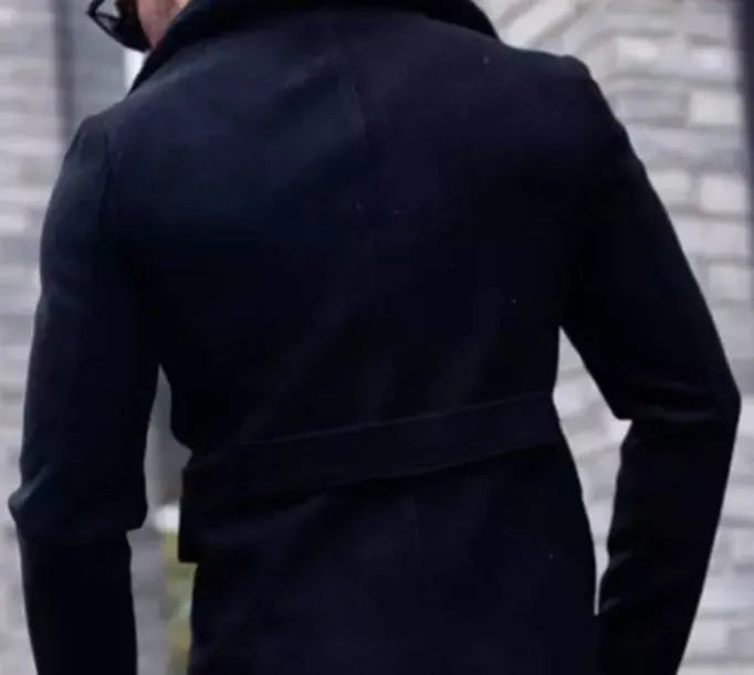 Men's fur collar woolen coat in black, thickened polyester, British style, sizes M to XXXL