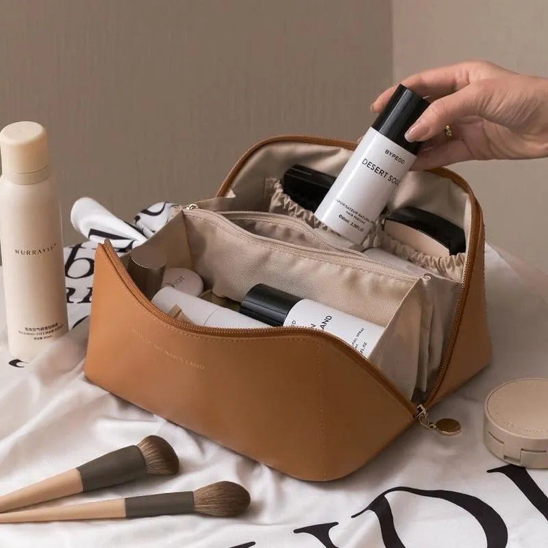 Large capacity travel makeup storage bag in PU leather, 23.5x10.5x11cm, solid colour, white pink light brown black