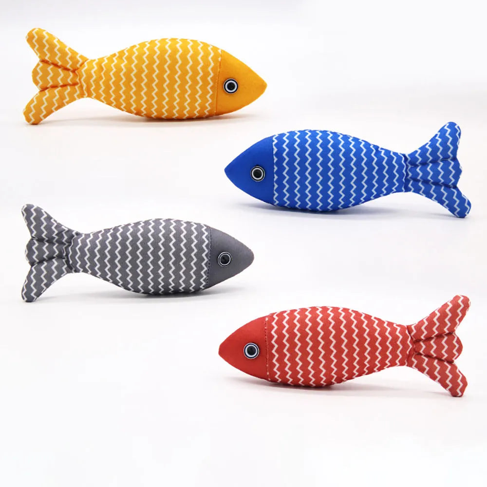 Burlap fish catnip cat toy in bright colour with crinkle sound, 8.27 inches long, on floor