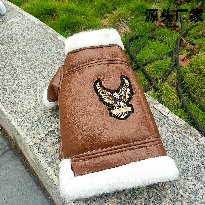 Black and brown leather dog coat for autumn and winter with vest and jacket styles