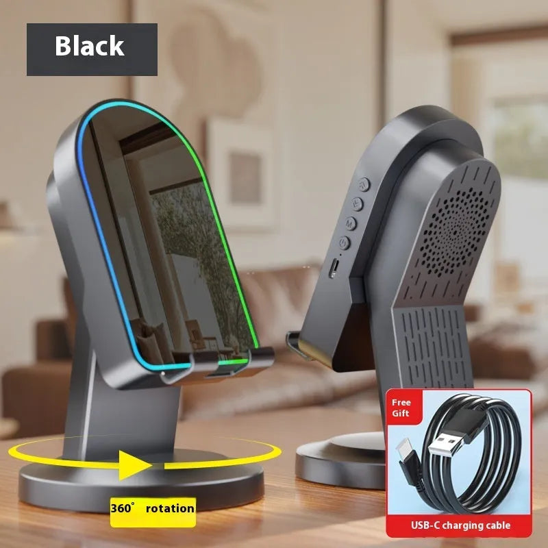 Three-in-one wireless induction speaker and Bluetooth phone bracket in black or white, with built-in battery and USB cable