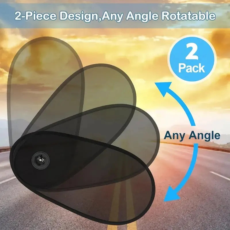 Black stretchy car side window sunshade for baby with suction cups attached to glass.