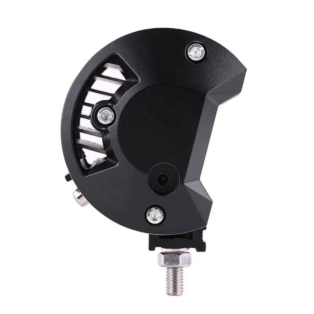 Black 5-inch LED off-road work light with aluminium housing mounted on a bracket