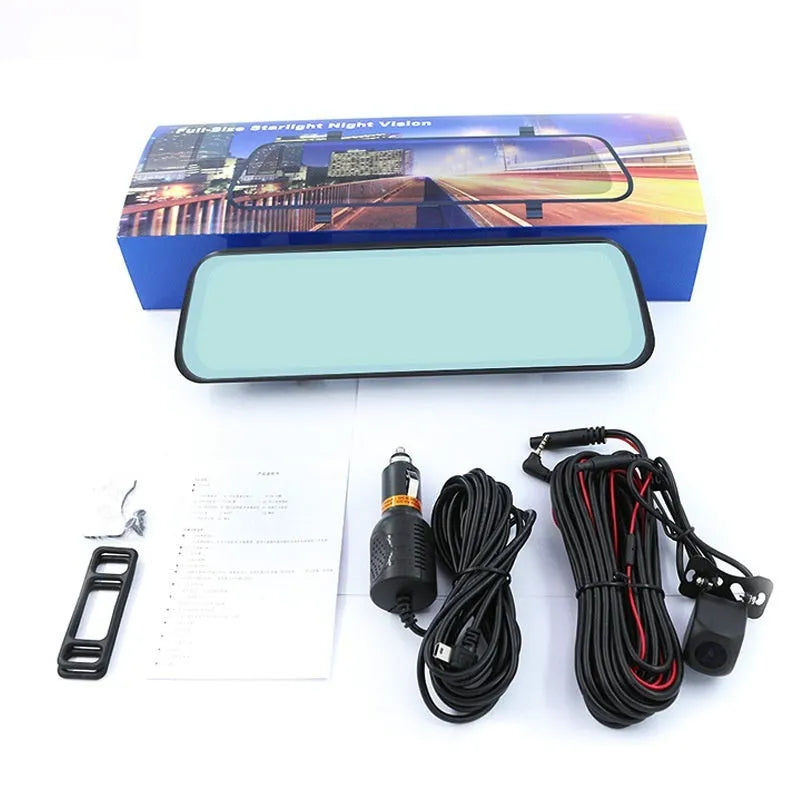 10-inch streaming media rearview mirror tachograph with full screen touch and front rear dual lens night vision
