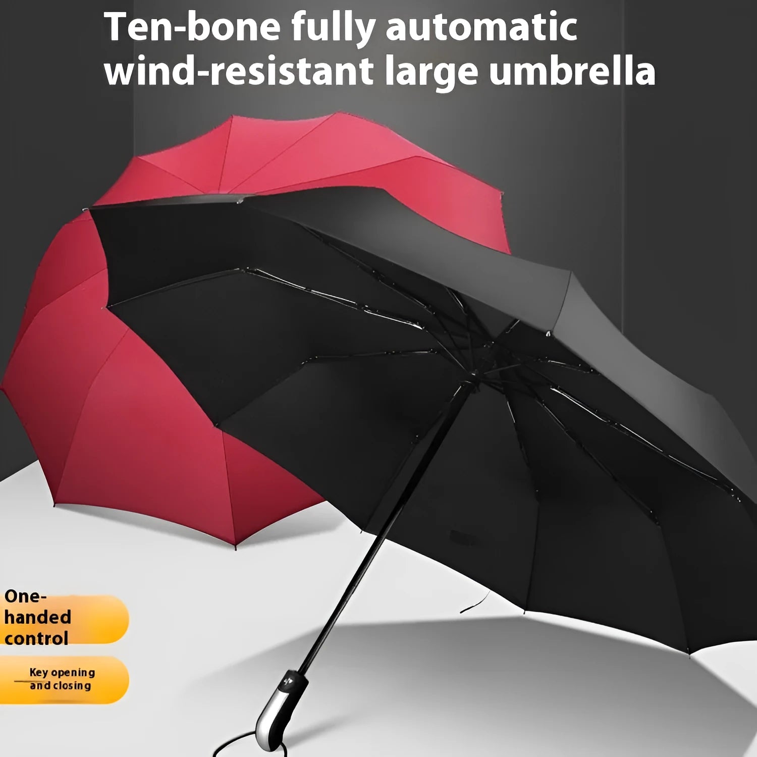 Black triple folding automatic sun-shade umbrella with steel ribs, shown open.