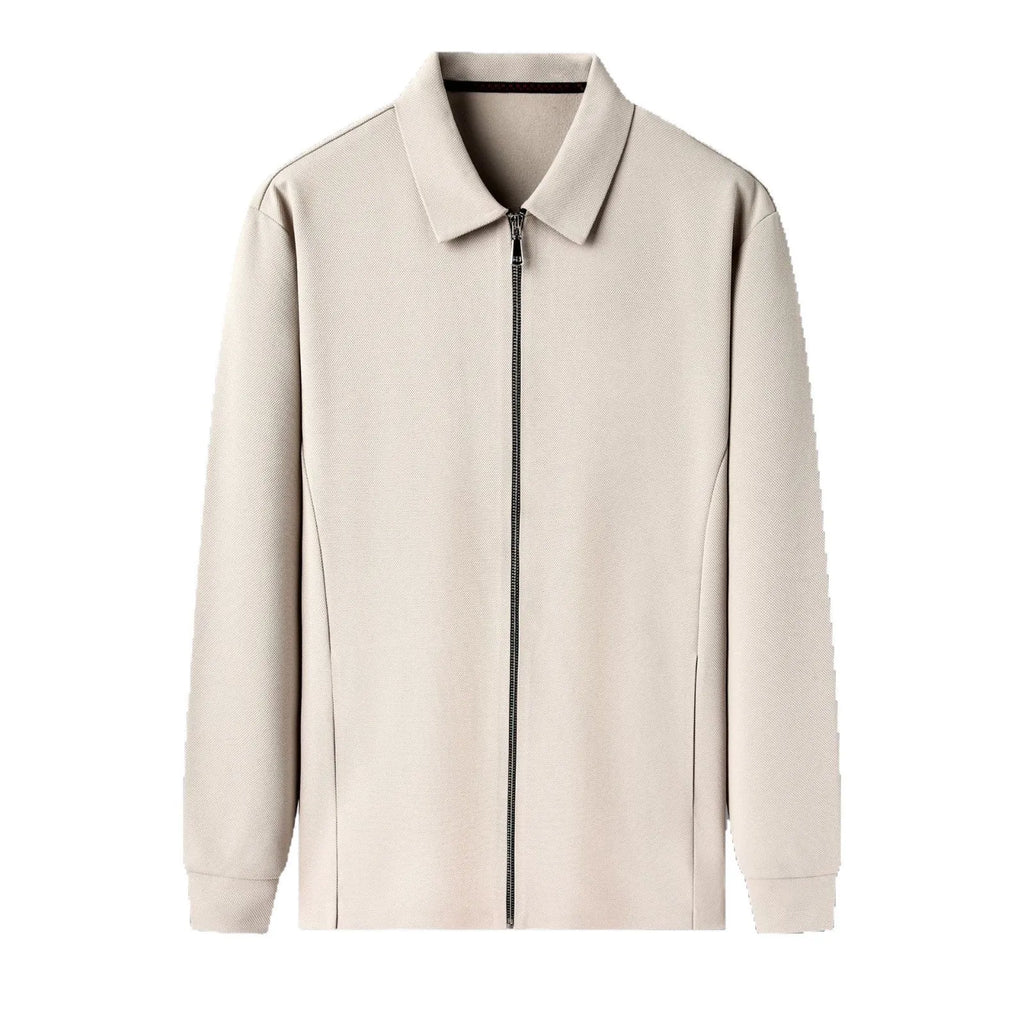 Men's straight hem polyester jacket in dark grey on a hanger.