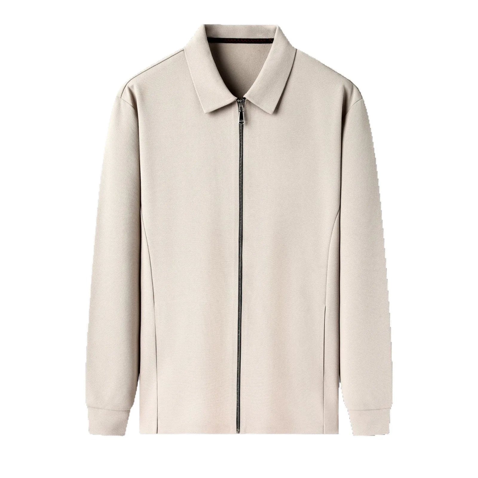 Men's straight hem polyester jacket in dark grey on a hanger.