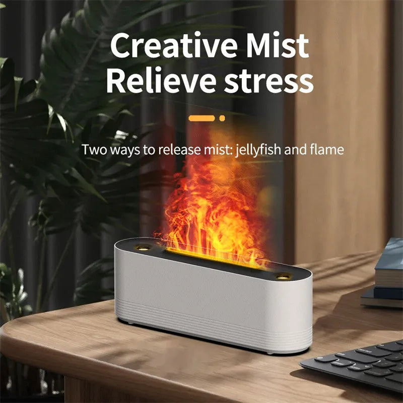 Black ultrasonic aroma diffuser with flame effect LED lighting and water mist output