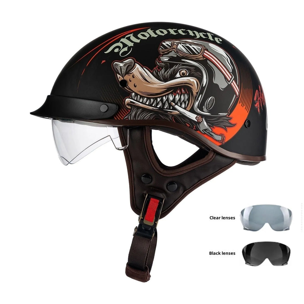 Retro full-face electric motorcycle helmet in Bright Black with visor and chin strap