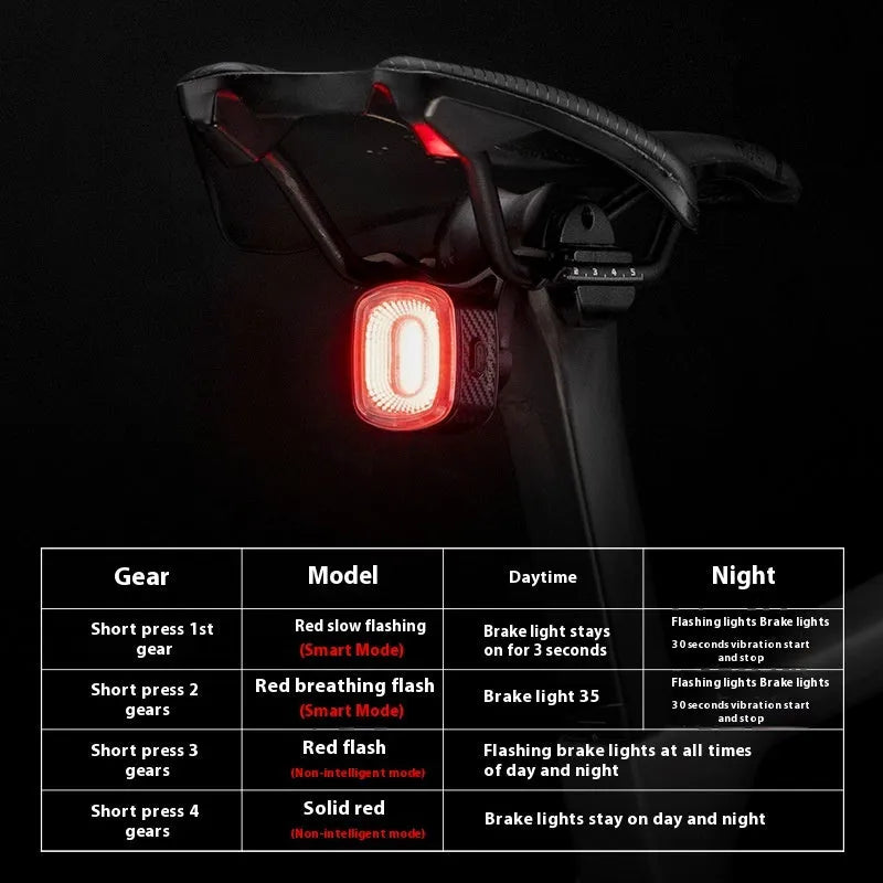 Black smart bicycle taillight with intelligent induction stop lamp mounted on bike frame