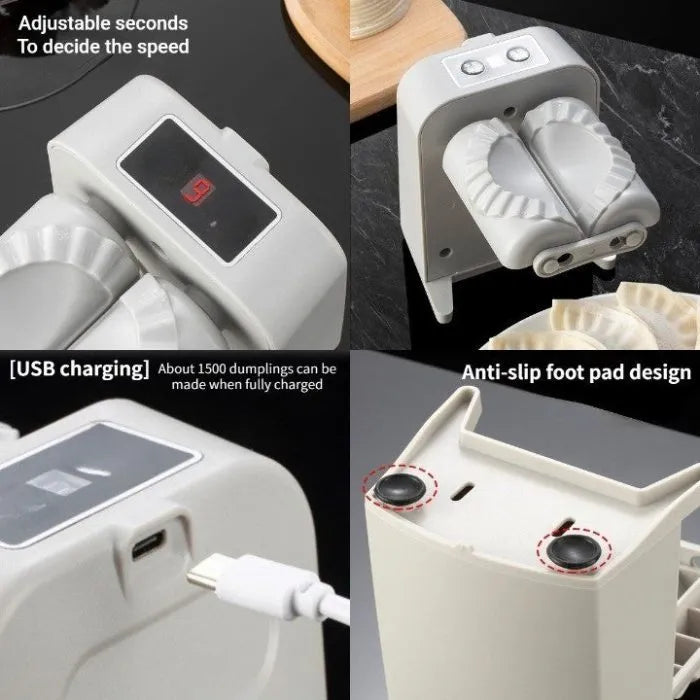 White electric automatic dumpling maker machine with accessories on a kitchen counter.