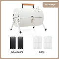 White portable folding charcoal grill with detachable oven net and carbon tank.