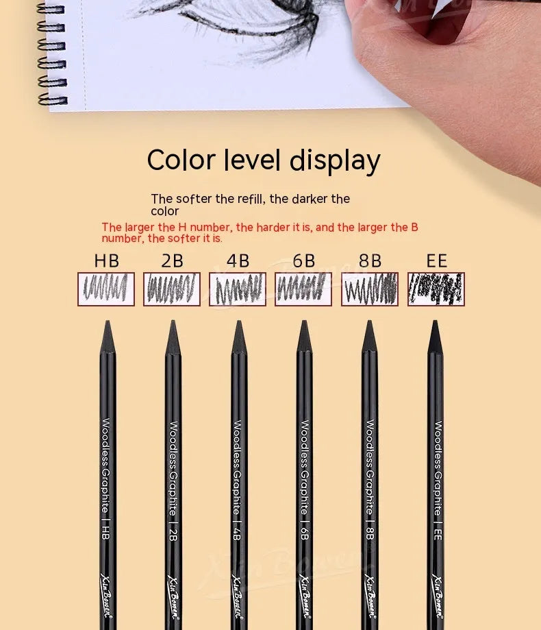 Six wood-free graphite sketching pencils showing different hardness grades HB 2B 4B 6B 8B EE