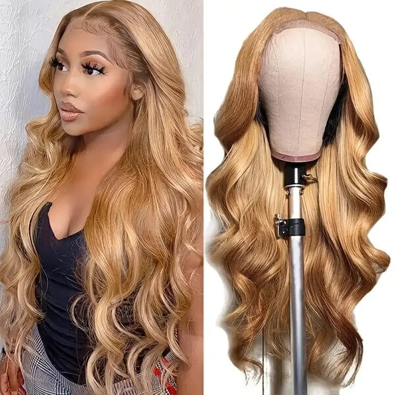 Light brown synthetic wig with long golden big waves, side bangs, and heat-friendly high temperature fibre.