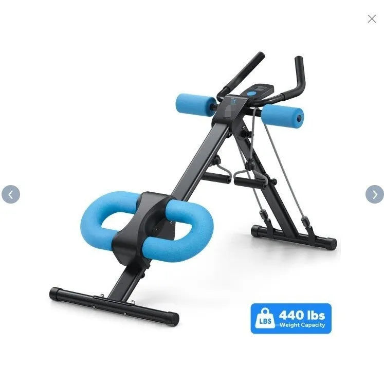 AB Rocket waist-shaping machine with count drawstring in blue on a home gym floor