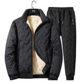 Men's thickened fleece zip jacket and tapered pants set in grey or black, polyester, loose fit, sizes L to 5XL.
