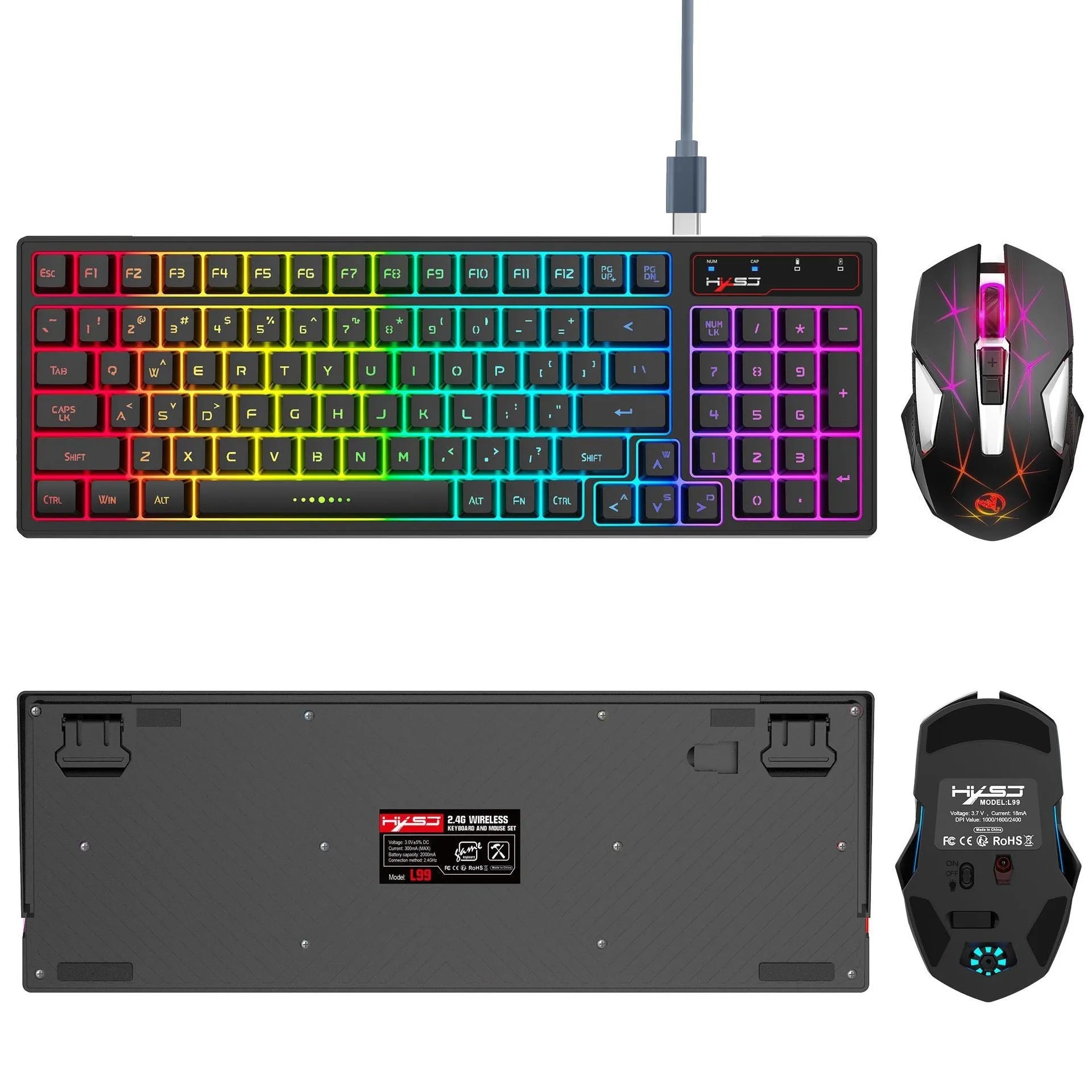 L99 wireless rechargeable 2.4G keyboard and mouse film set with RGB glow and Type-C charging
