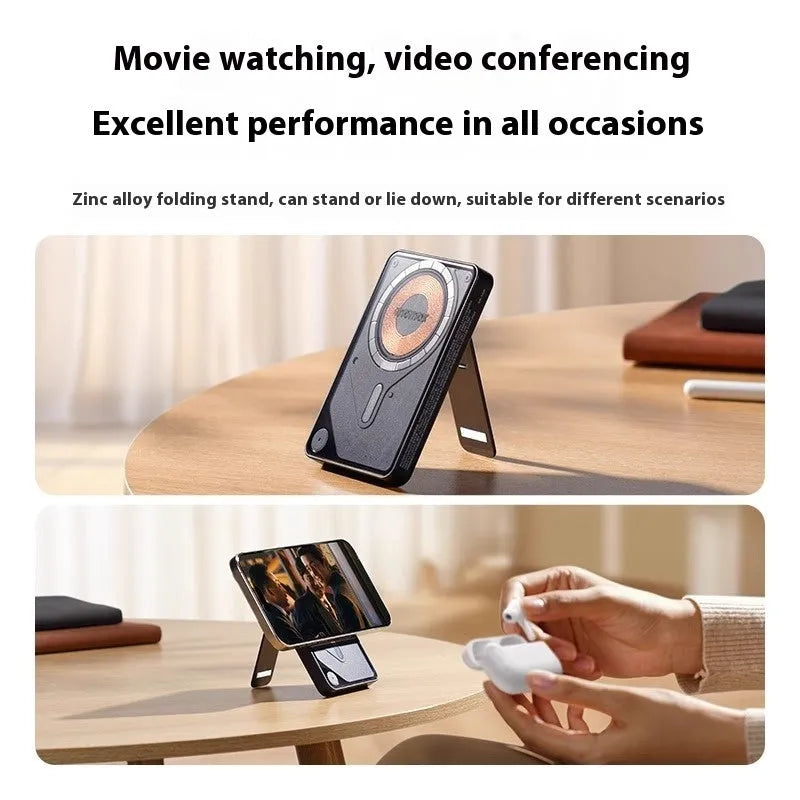 Magnetic power bank with transparent bracket and built-in cable in Mysterious Black colour