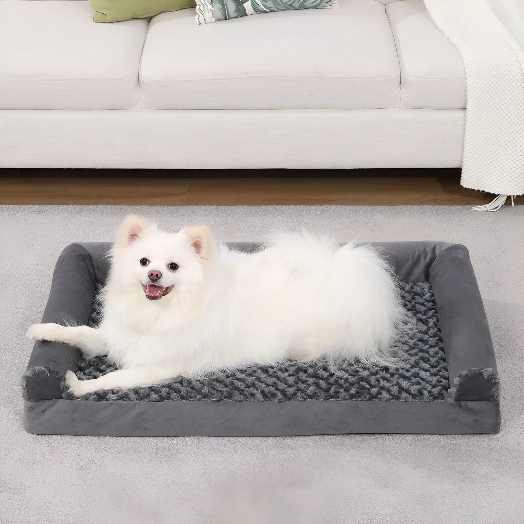 Grey U-shaped removable cover pet sofa kennel dog bed with sponge interior