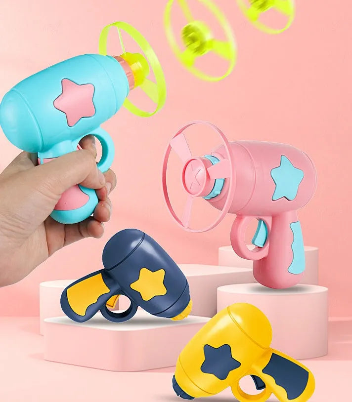 Six-pack of LED flying saucer launcher toys with colourful discs and target boards