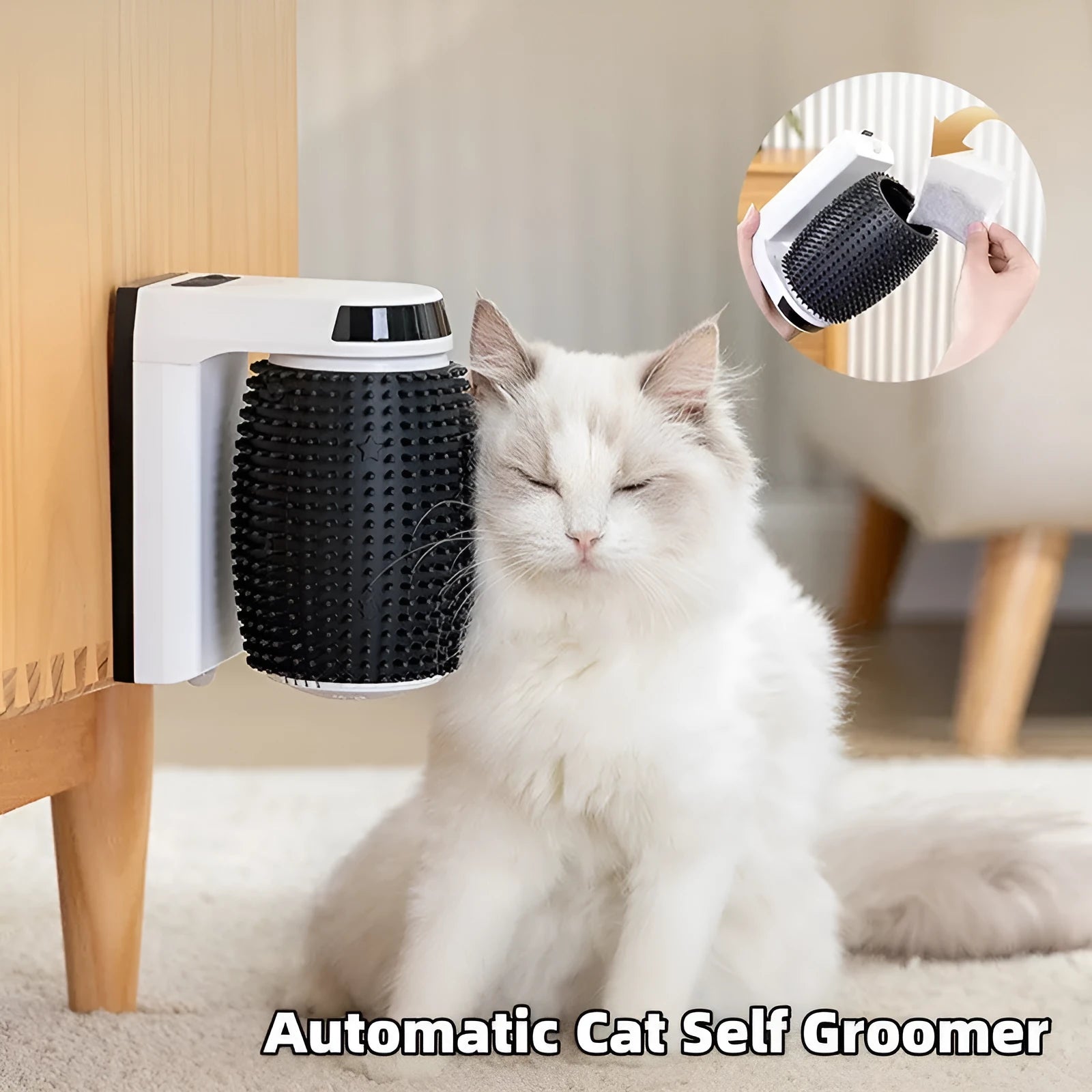 White automatic cat self-grooming brush mounted on a wall corner with soft silica gel bristles.