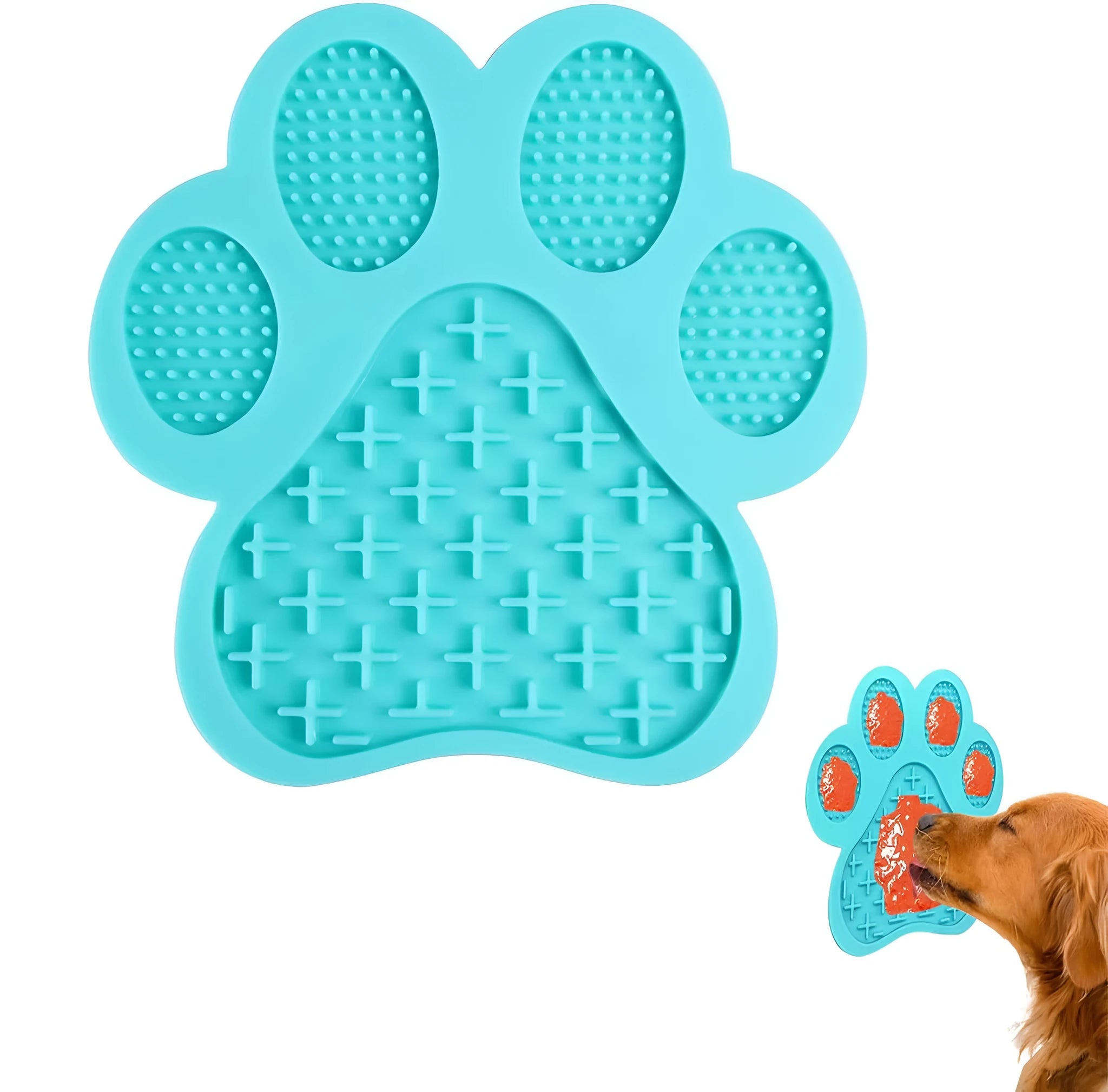 Blue bone-shaped silicone dog licking mat with suction cups on the back, placed on a tiled wall.