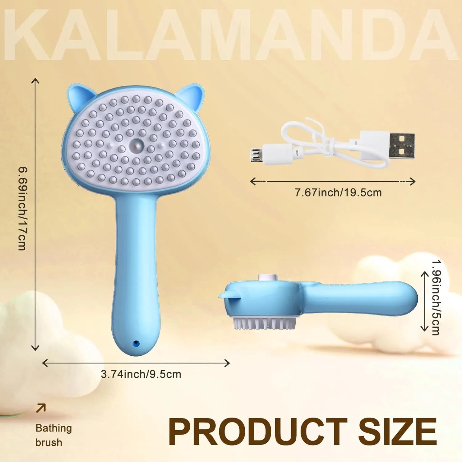 Cat ear-shaped steam brush with soft rubber bristles and release button for pet grooming