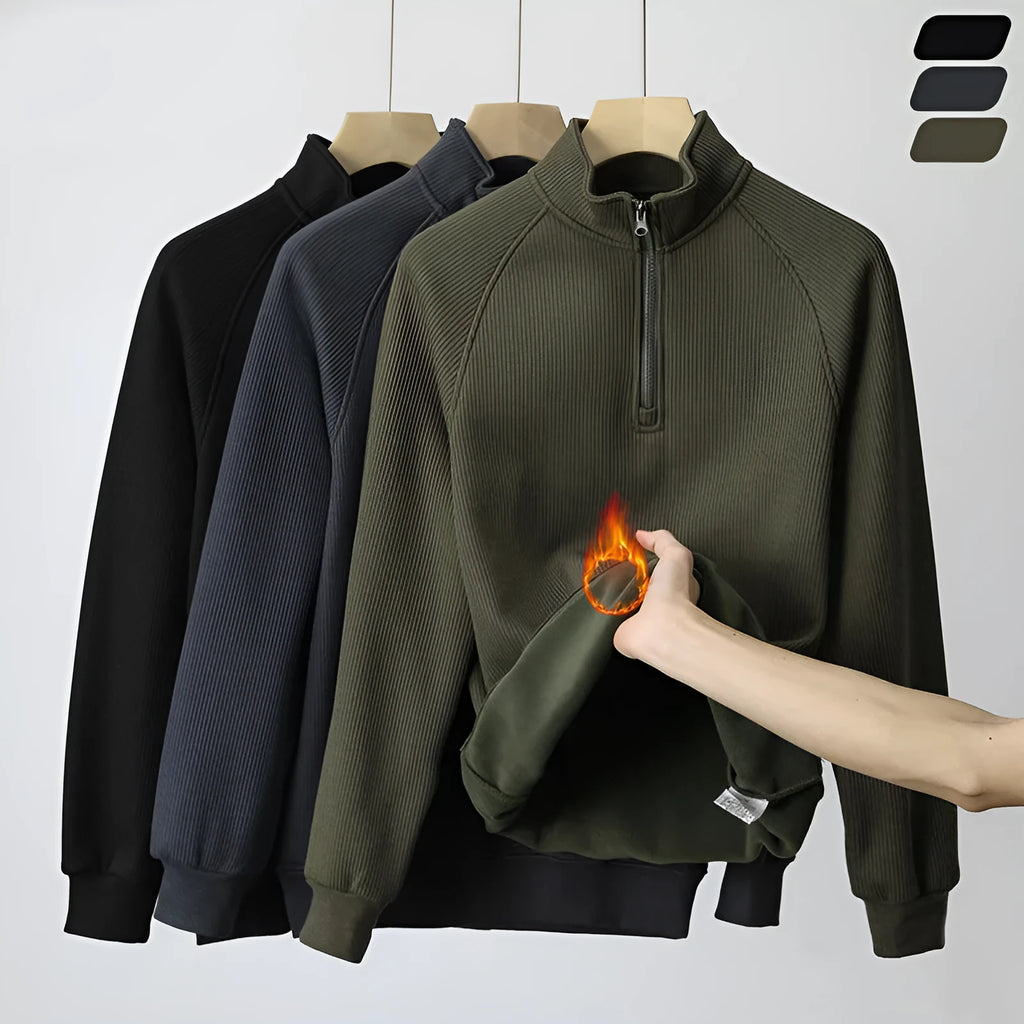 Men's fleece sweatshirt stand-collar long sleeve cotton blend pullover winter top in black