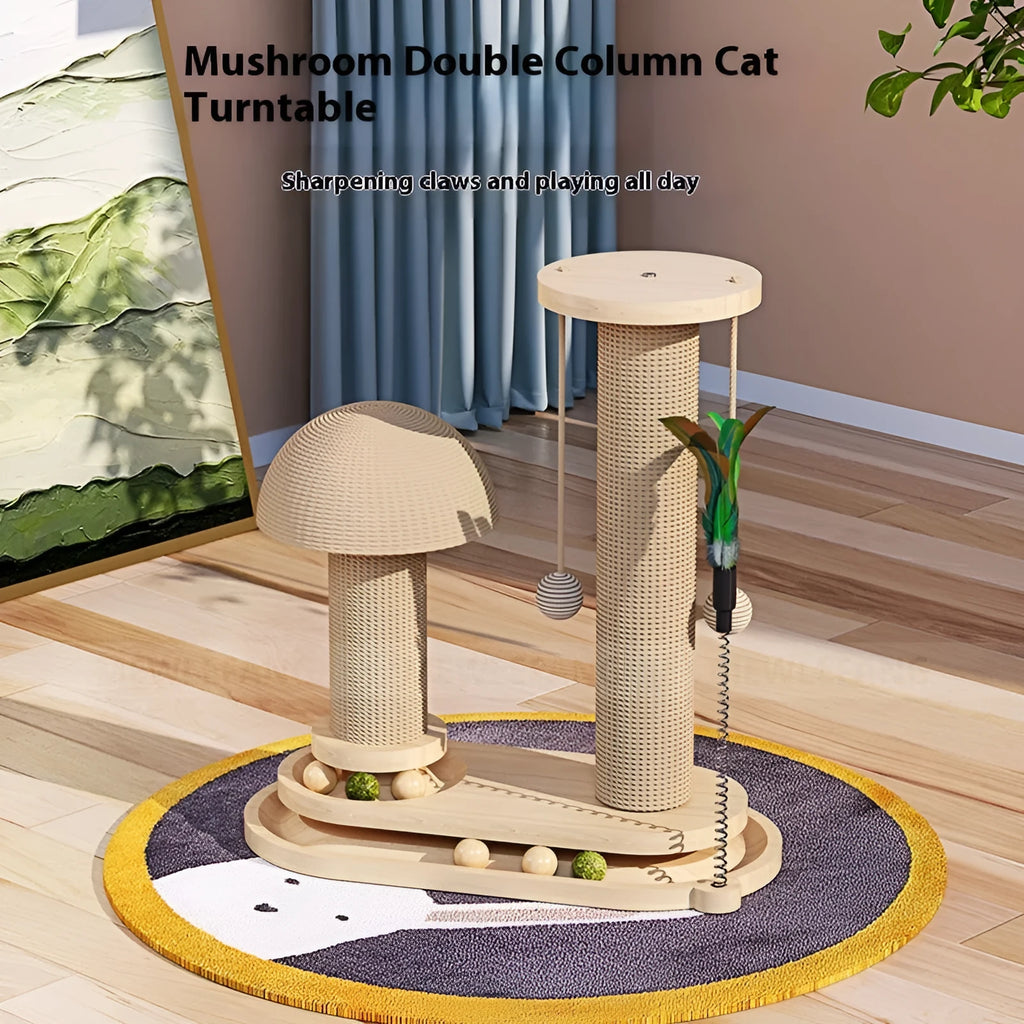 Solid wood cat scratching post with turntable climbing frame in various design options