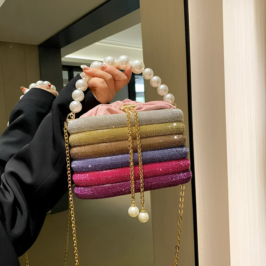 Women's retro crossbody dinner bag with pearl bead detailing in soft PU material