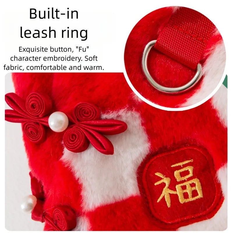 Red and white checkered plush pet vest with Qipao knot buttons and golden Fu embroidery for Chinese New Year