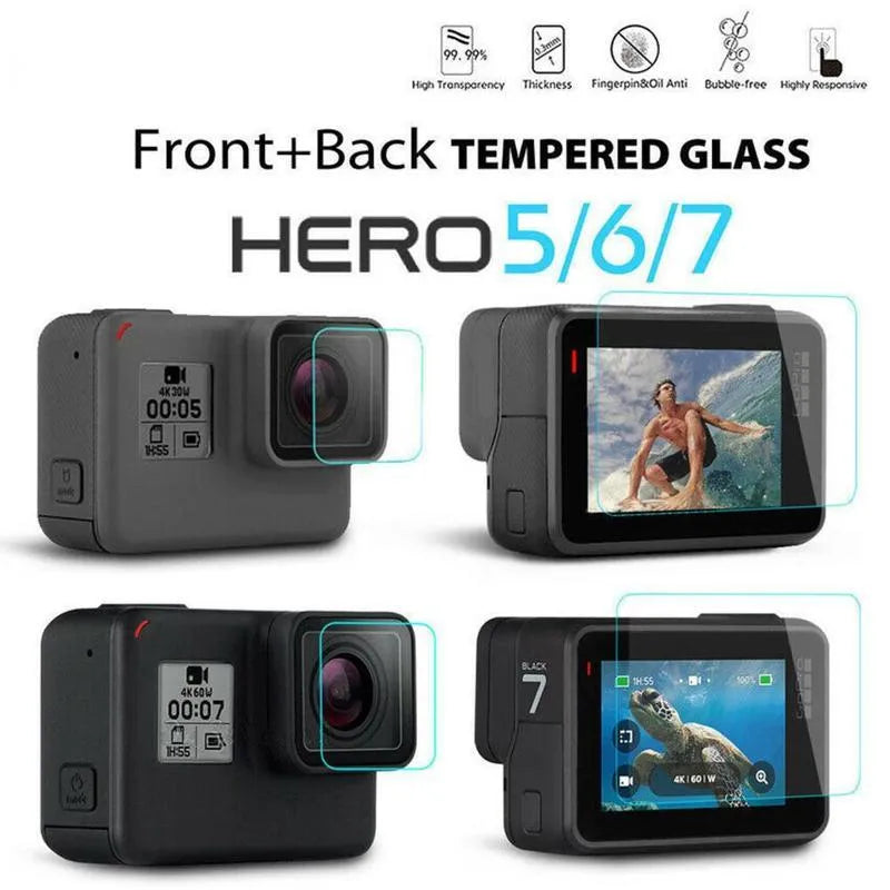 9H tempered glass screen protector and lens film for GoPro Hero 5, 6, and 7 action cameras.