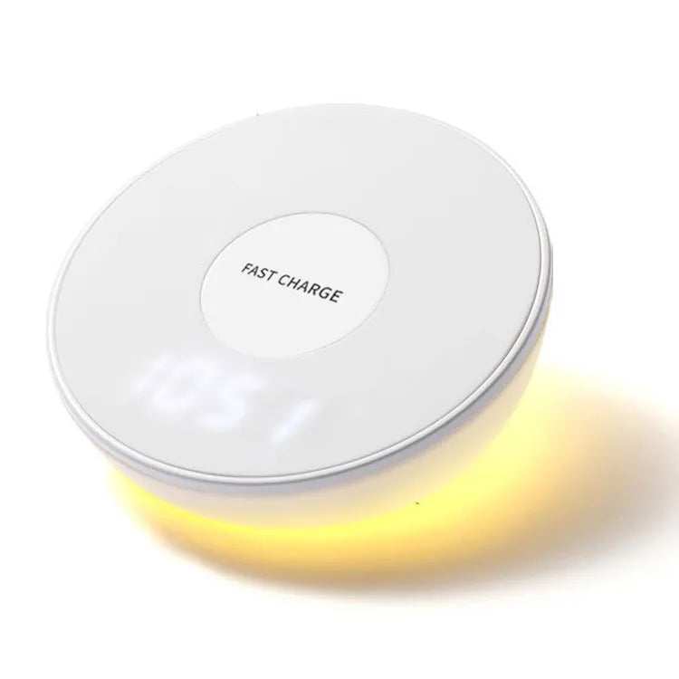 White smart wireless charger with digital clock display and three control buttons.